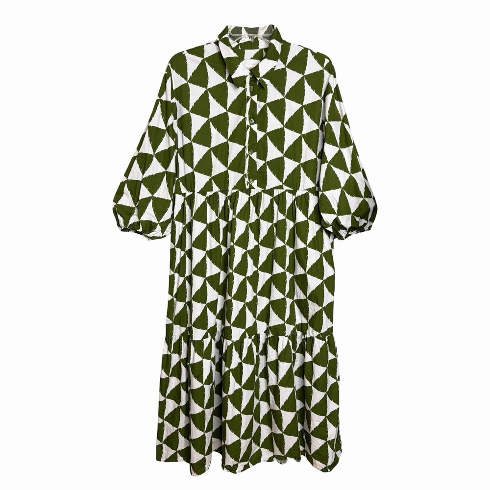 Anthropologie Maeve Bettina Tiered Shirt Dress M Green White Geometric Cotton - Picture 5 of 12